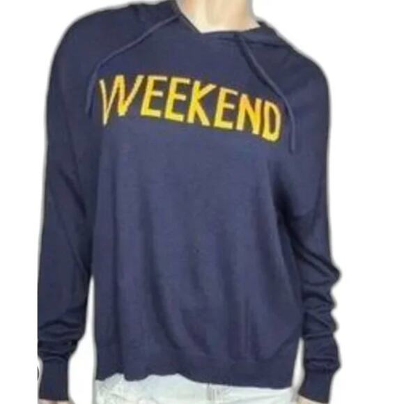 Stylish navy knit sweater hoodie w"Weekend" printed in yellow by Rachel Zoe, L - Picture 1 of 12